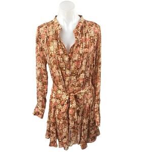 En Saison Multicolor Floral Long Sleeve Pleated Tie Shirt Mini Dress Size M